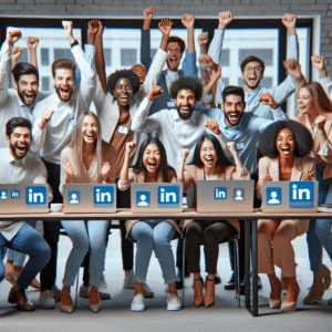 a group of people looking for funding for thier startup via LinkedIn. they've found the perfect match and now they are celebrating
